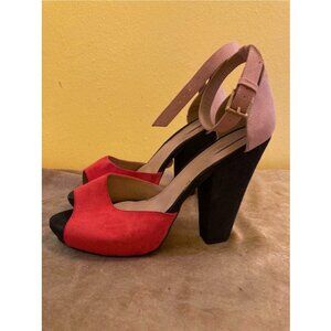 Trafaluc via Zara orange vamp, camel heel and ankle strap open toe platforms